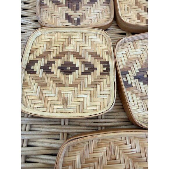 Vintage 70s Wicker Rattan Set of 5 coasters Barware Retro Boho - Picture 10 of 12